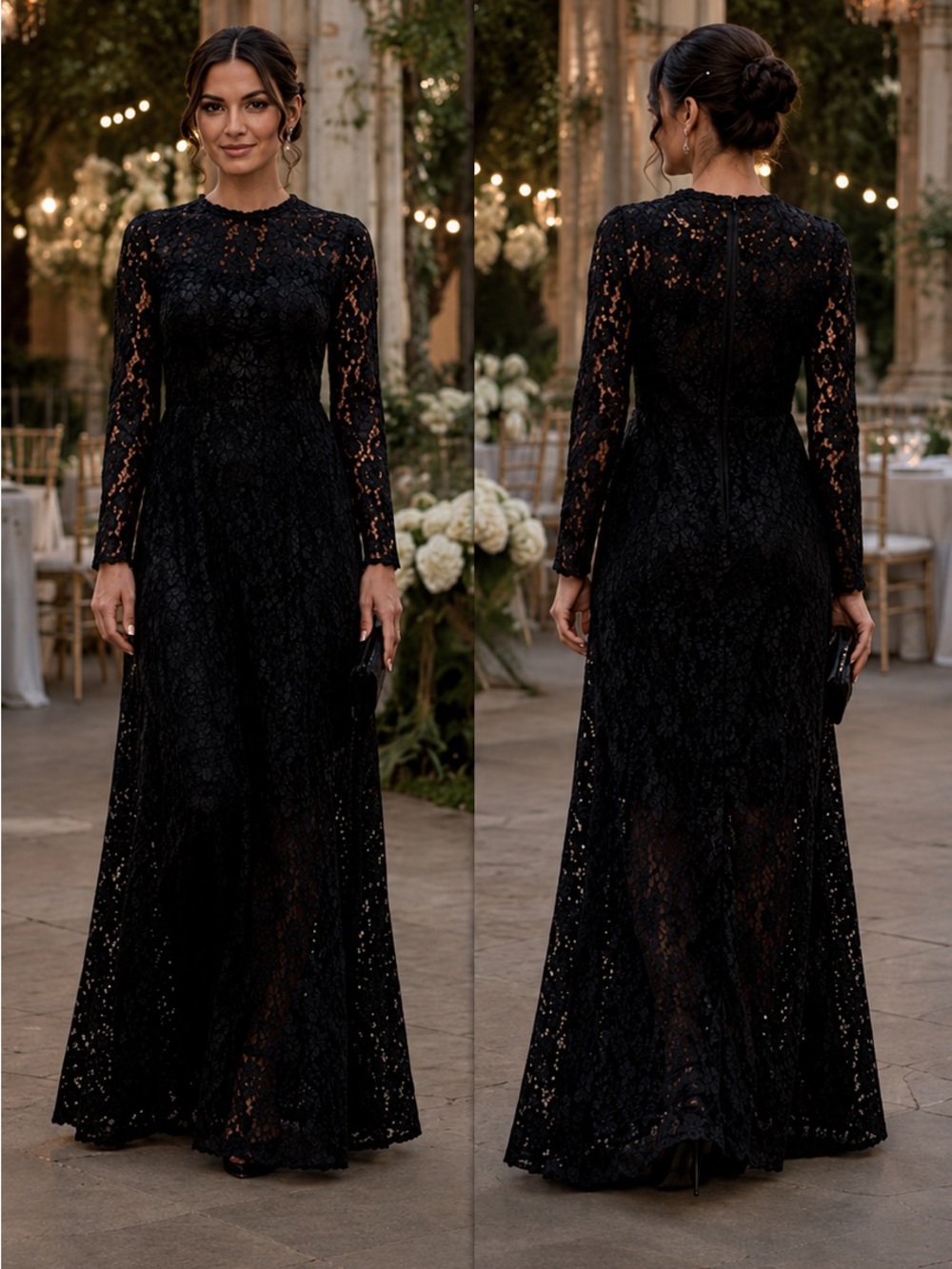 Vince Camuto Black Lace Maxi Dress Elegant Evening Wedding Guest Formal SZ:L NWT